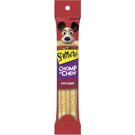 Schmackos Dog Treats Chomp N Chew Beef pack, featuring long-lasting rawhide and a meaty center for healthy chewing.