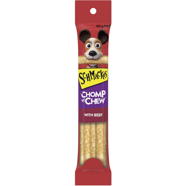 Schmackos Dog Treats Chomp N Chew Beef pack, featuring long-lasting rawhide and a meaty center for healthy chewing.