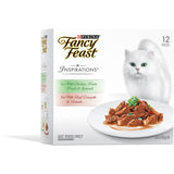 Plate of Fancy Feast Inspirations Wet Cat Food featuring beef with courgette & tomato and chicken with pasta pearls & spinach.