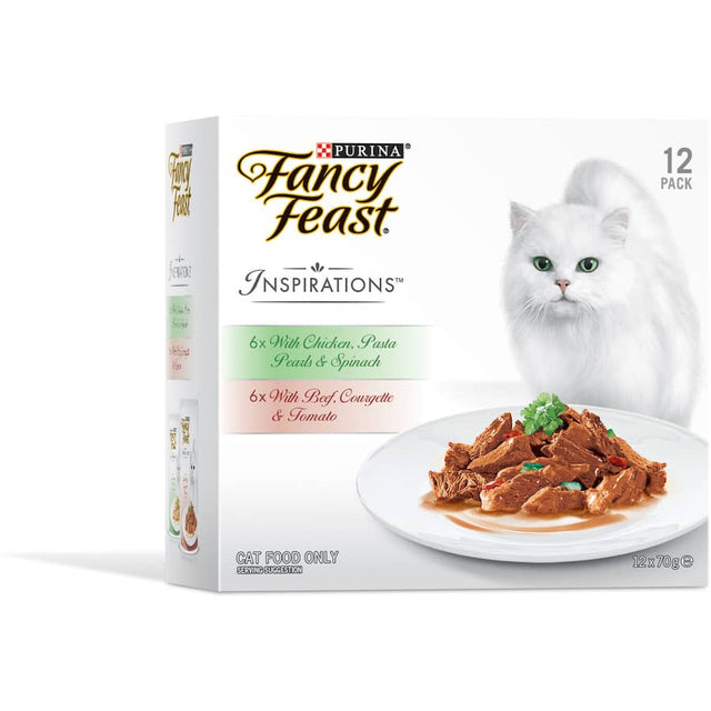 Plate of Fancy Feast Inspirations Wet Cat Food featuring beef with courgette & tomato and chicken with pasta pearls & spinach.