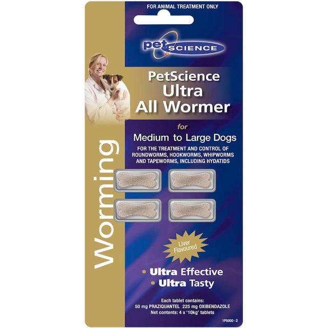 Liver-flavored worming tablets for medium-large dogs, effectively controlling various intestinal parasites.