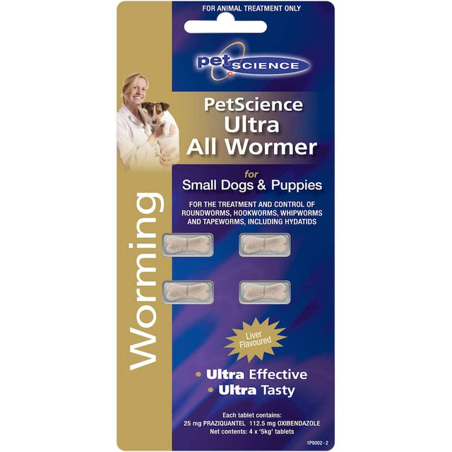 Palatable liver-flavored worming tablets for small dogs, effectively controlling various intestinal parasites every three months.