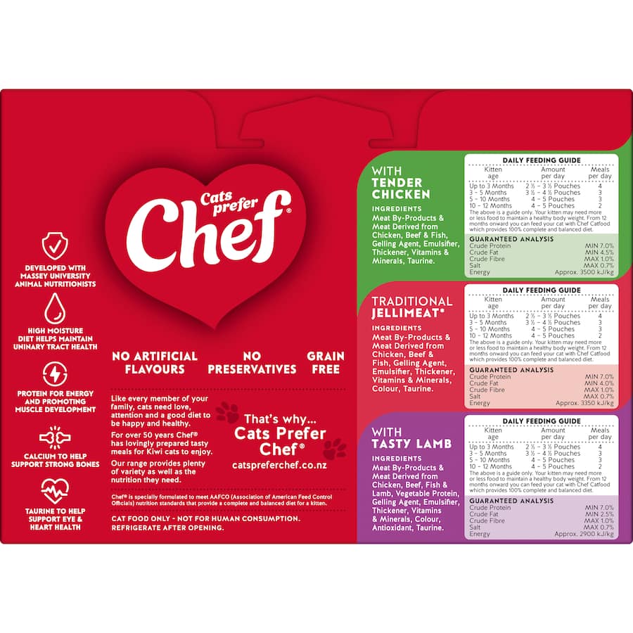 Gourmet mixed selection of wet cat food for kittens with tender chicken, jellimeat, and tasty lamb, grain-free and enriched with nutrients.