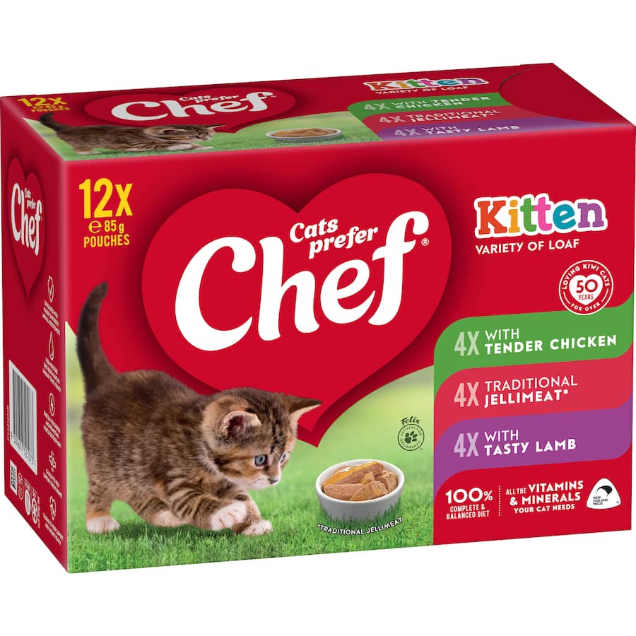 Gourmet mixed selection of kitten wet food with chicken, lamb, and jellimeat; grain-free and no artificial additives.