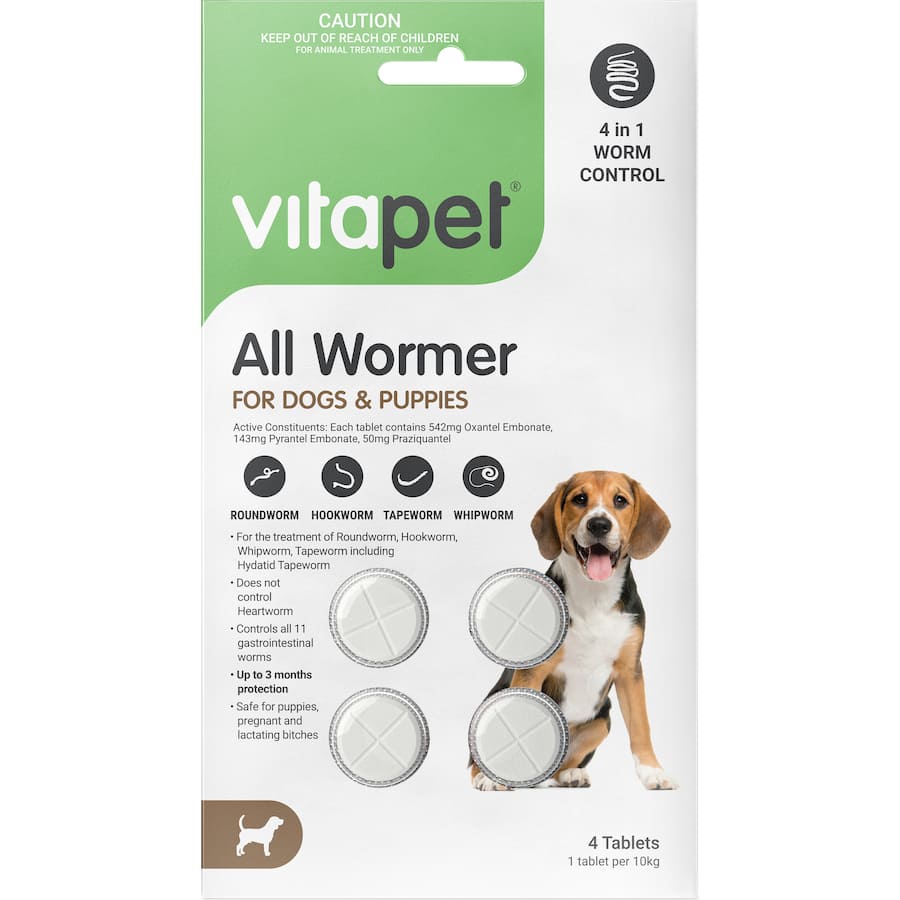 Vitapet Pet Care Dog & Puppy Worm Treatment effectively eliminates intestinal parasites for healthy, happy pets.