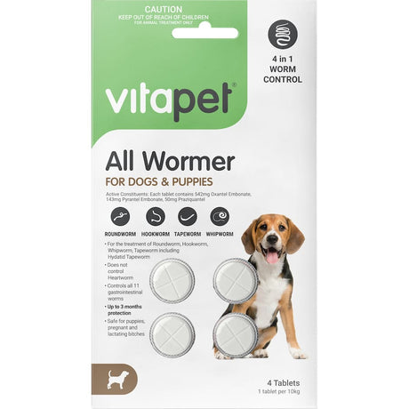 Vitapet Pet Care Dog & Puppy Worm Treatment effectively eliminates intestinal parasites for healthy, happy pets.