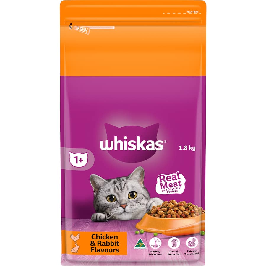 Whiskas Dry Cat Food with Chicken & Rabbit, providing balanced nutrition for adult cats with essential vitamins and real meat protein.