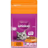 Whiskas Dry Cat Food with Chicken & Rabbit, providing balanced nutrition for adult cats with essential vitamins and real meat protein.