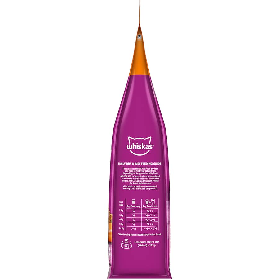 Whiskas Dry Cat Food Chicken & Rabbit, nutritious and balanced, supports healthy skin, coat, and dental protection for adult cats.
