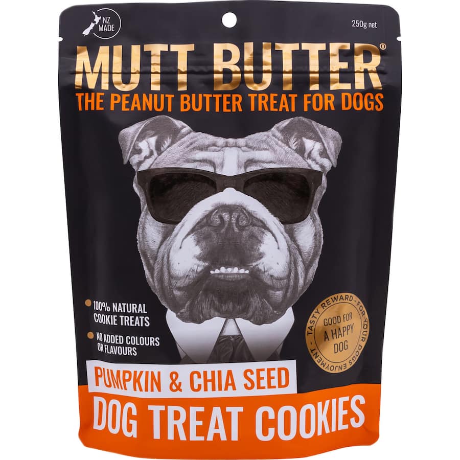 Mutt Butter Dog Treats featuring peanut butter, pumpkin, and chia for a nutritious and tasty snack for dogs.