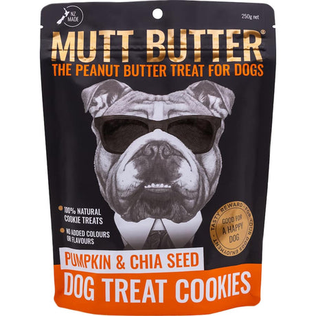 Mutt Butter Dog Treats featuring peanut butter, pumpkin, and chia for a nutritious and tasty snack for dogs.