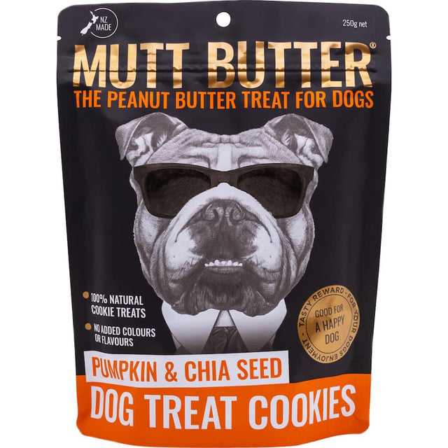 Mutt Butter Dog Treats featuring peanut butter, pumpkin, and chia for a nutritious and tasty snack for dogs.