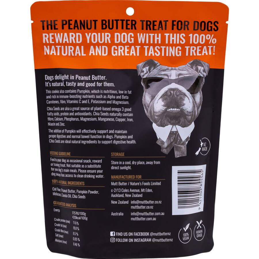 Mutt Butter Dog Treats featuring peanut butter, pumpkin, and chia, ideal for digestive health and tasty rewards.
