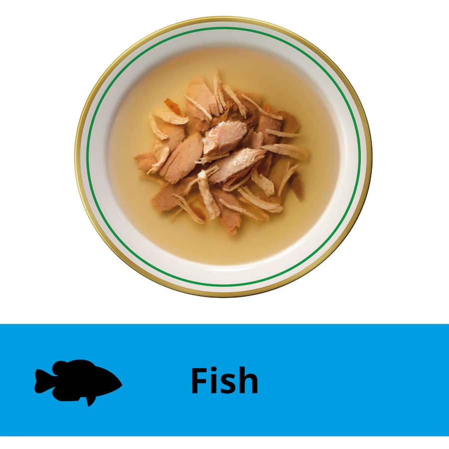 Gourmet wet cat food featuring tuna and chicken in a savory soup, perfect for picky eaters and sensitive stomachs.
