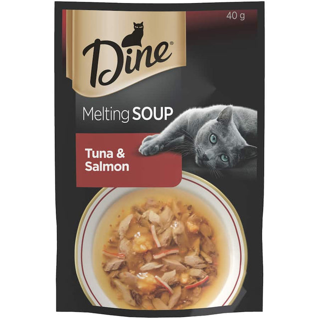 Delicious Dine Melting Soup wet cat food in tuna and salmon flavor, gourmet meals in a grain-free, preservative-free pouch.