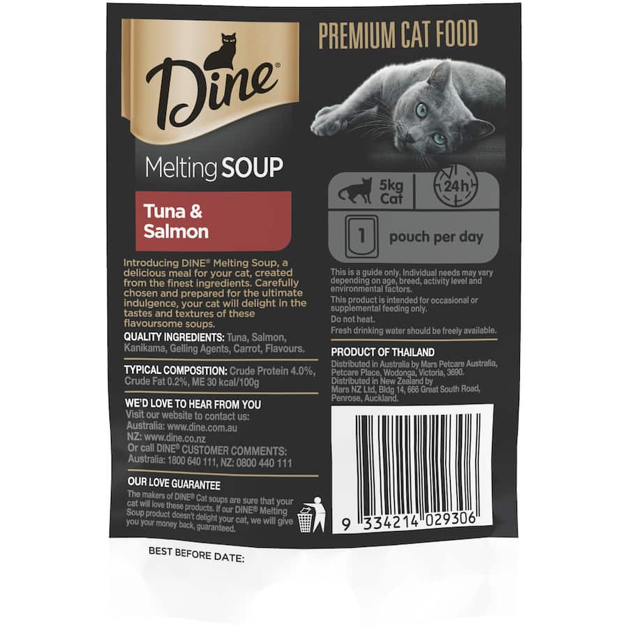 A pouch of Dine Wet Cat Food Melting Soup with tuna and salmon, crafted for a gourmet feline dining experience.