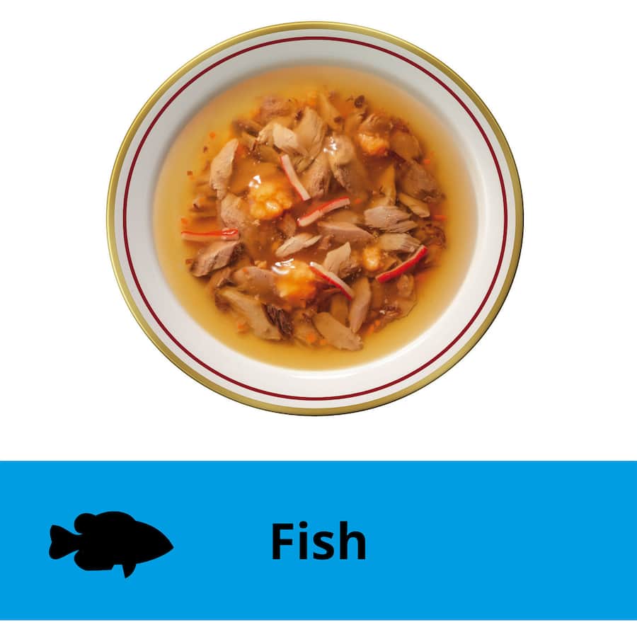 Delicious Dine Melting Soup wet cat food with tuna and salmon, designed for picky eaters, grain-free and preservative-free.