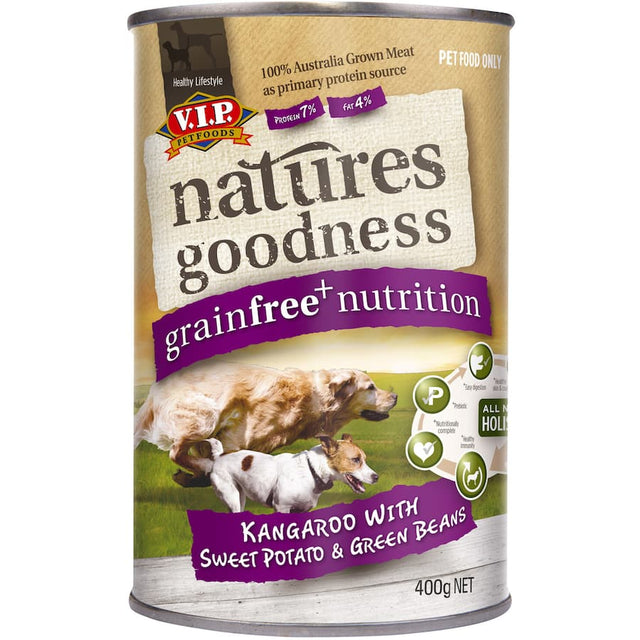 A can of Vip Natures Goodness Wet Dog Food featuring kangaroo meat and sweet potatoes for nutritious, grain-free meals.