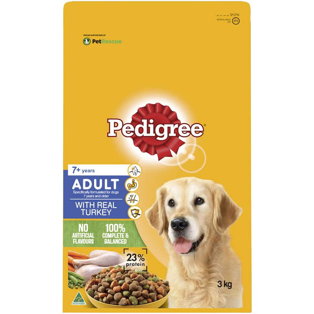 Pedigree 7+ Dry Dog Food featuring real turkey, designed for senior dogs with nutrients for health, digestion, and vitality.