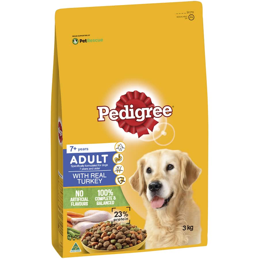 Bag of Pedigree 7+ Dry Dog Food with Real Turkey, designed for senior dogs with essential nutrients for health and vitality.