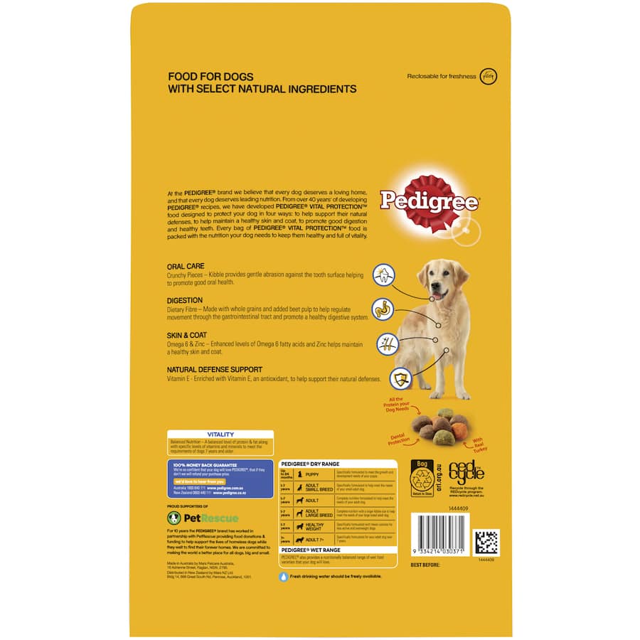 Pedigree 7+ Dry Dog Food with Real Turkey, designed for senior dogs, providing essential nutrients for health and vitality.