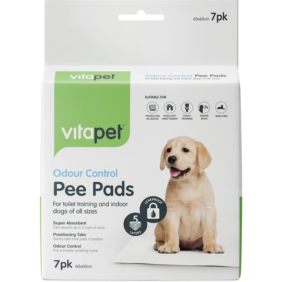Odour control puppy training pee pads with sticky tabs, super absorbent for easy indoor/outdoor potty training.