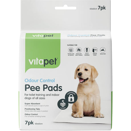 Odour control puppy training pee pads with sticky tabs, super absorbent for easy indoor/outdoor potty training.