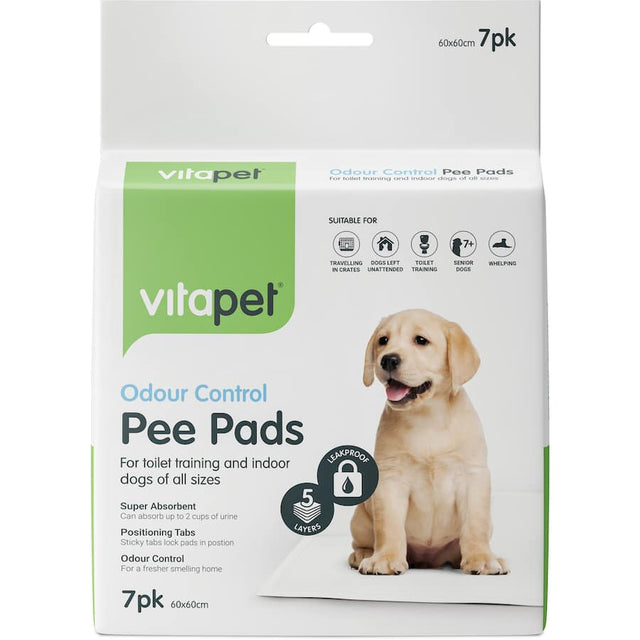 Odour control puppy training pee pads with sticky tabs, super absorbent for easy indoor/outdoor potty training.