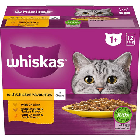 Wet cat food pouches featuring chicken, turkey, and duck in gravy for balanced nutrition and rich flavors.