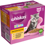 Whiskas Kitten Wet Cat Food with chicken in gravy, 12 pouches, supports healthy growth with essential nutrients and tasty flavors.
