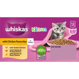 Whiskas Kitten Wet Cat Food in Chicken Gravy, 12 pouches, features flavors of chicken, turkey, and duck for balanced nutrition.