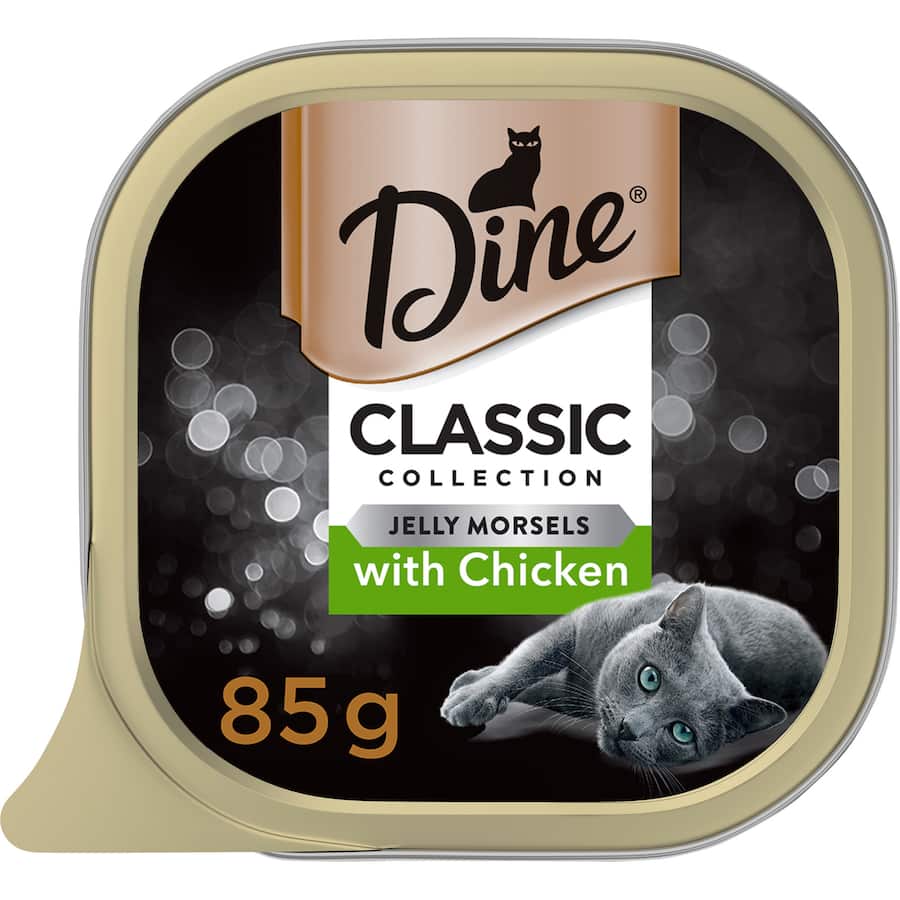 Delicious wet cat food with tender chicken morsels in jelly, providing gourmet taste and balanced nutrition for your feline friend.