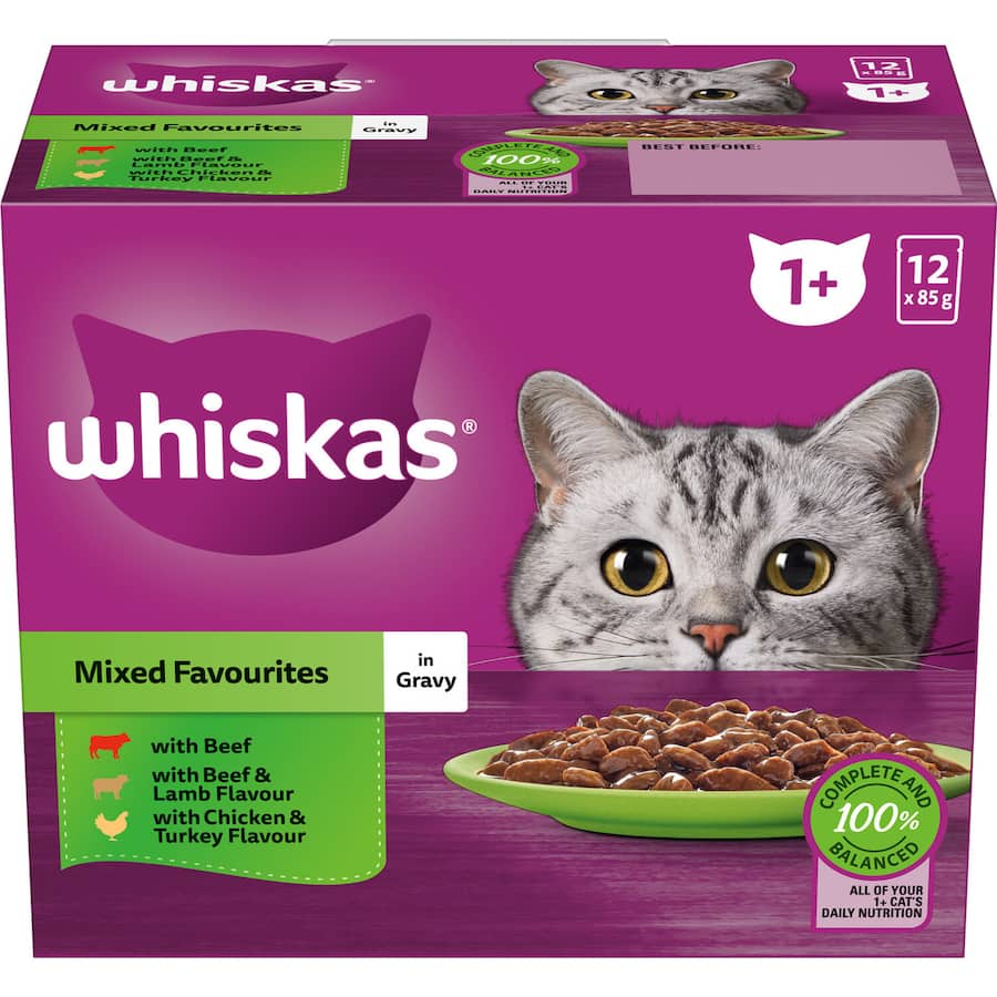 Whiskas Wet Cat Food Mixed Selections: 12 pouches of nutritious meat in gravy with beef, lamb, chicken, and turkey flavors.
