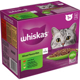 Whiskas Wet Cat Food Mixed Selections in Gravy, 12 x 85g pouches, featuring beef, lamb, chicken, and turkey flavors for healthy cats.