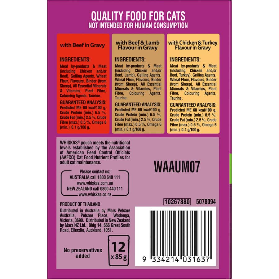 Whiskas Wet Cat Food Mixed Selections in Gravy, 12 pouches of beef, lamb, chicken & turkey, ensures balanced nutrition for cats.