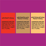 Assorted Whiskas Wet Cat Food pouches in gravy, featuring beef, lamb, chicken, and turkey flavors for balanced cat nutrition.
