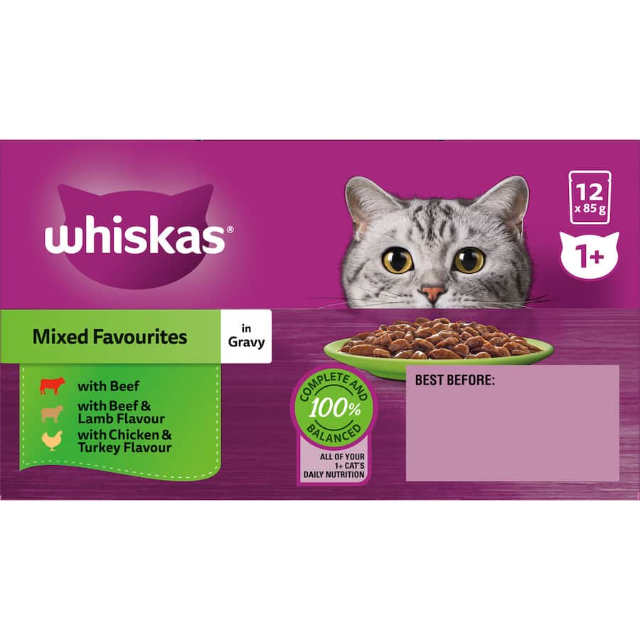 Whiskas Wet Cat Food offers 12 pouches of nutritious gravy meals in beef, lamb, chicken, and turkey flavors for healthy cats.