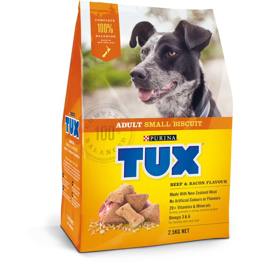 Tux Dry Dog Food Beef & Bacon features premium New Zealand beef, bacon, and essential nutrients for a healthy, happy dog.