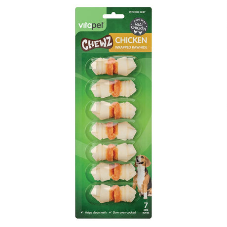 Vitapet Chewz Dog Treats featuring chicken rawhide mini bones, high-protein, low-fat, and ideal for dental hygiene.