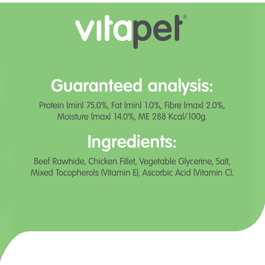 Vitapet Chewz Chicken Rawhide Mini Bone treats for dogs, high in protein, low in fat, and promote dental hygiene.