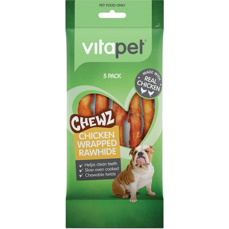 Vitapet Chewz chicken rawhide sticks for dogs, high protein, low fat, promotes dental health, and keeps dogs happily occupied.