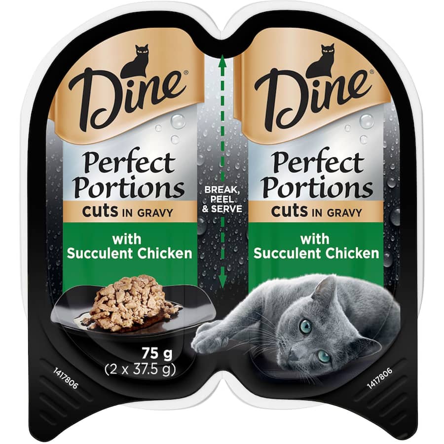 Wet cat food featuring succulent chicken in gravy, designed for freshness and nutrition in convenient single-serving trays.