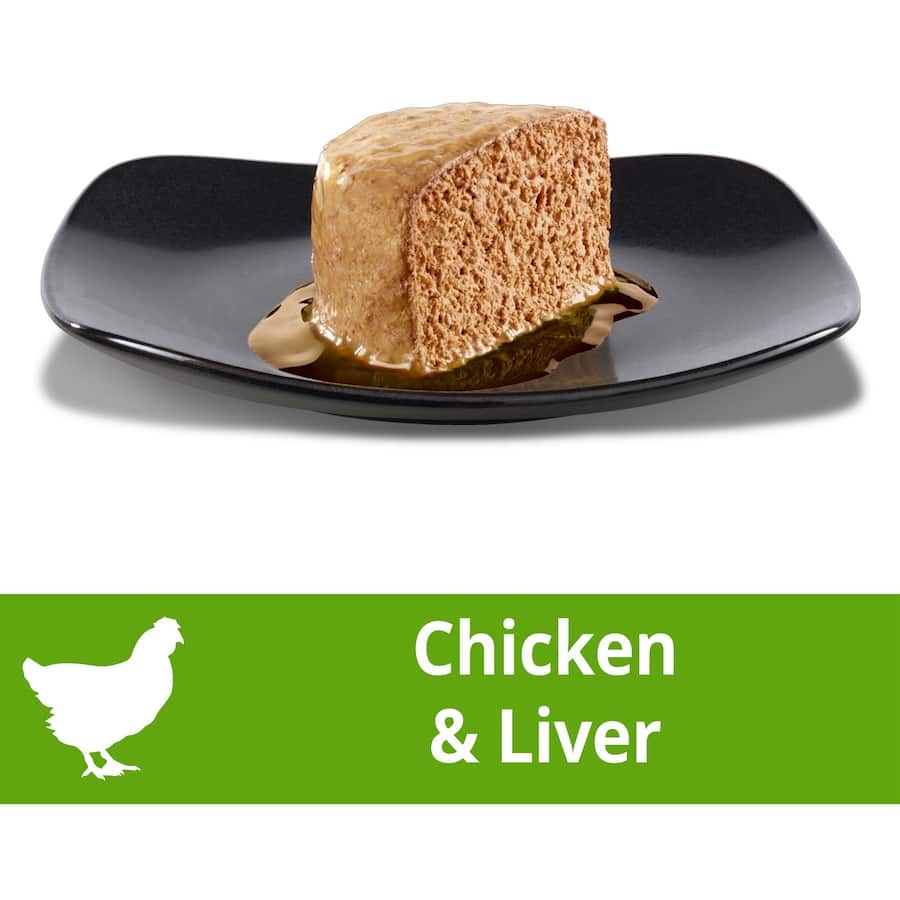 Wet cat food pate entree featuring chicken and liver in convenient, portioned trays for healthy, delicious meals.