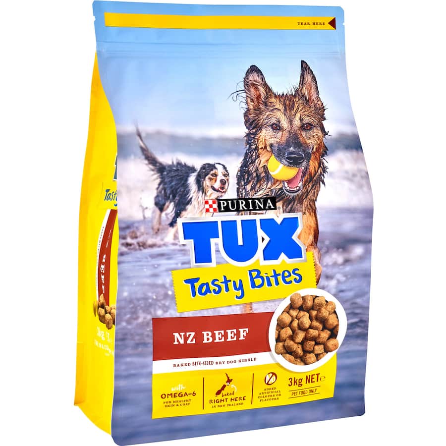 Bite-sized kibble made with NZ beef, providing complete nutrition for adult dogs in a 3kg bag.