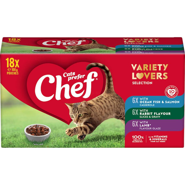 Variety pack of 18 wet cat food pouches with Ocean Fish, Rabbit, and Lamb flavors for a balanced diet and picky eaters.