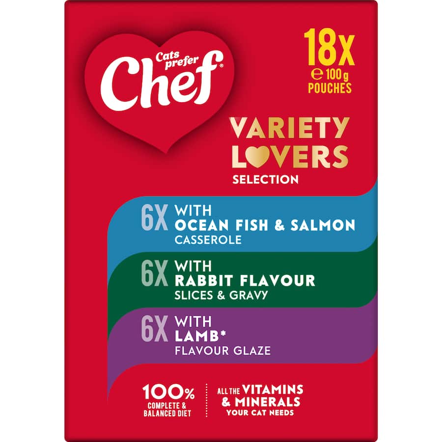 Gourmet wet cat food variety pack with 18 pouches in three flavors for a balanced diet, designed for picky eaters.