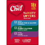 Gourmet wet cat food variety pack with 18 pouches in three flavors for a balanced diet, designed for picky eaters.