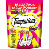 "Temptations Mega Cat Treats in Chicken, Beef & Turkey, featuring a crunchy shell and soft center, ideal for rewarding cats."