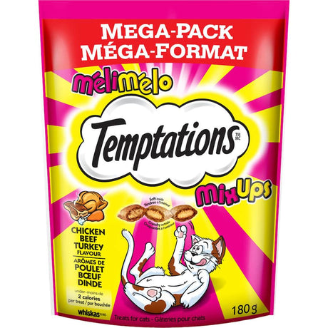 "Temptations Mega Cat Treats in Chicken, Beef & Turkey, featuring a crunchy shell and soft center, ideal for rewarding cats."