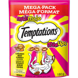 Temptations Mega Cat Treats in Chicken, Beef, and Turkey flavors; crunchy outside, soft inside, guilt-free delight for cats.